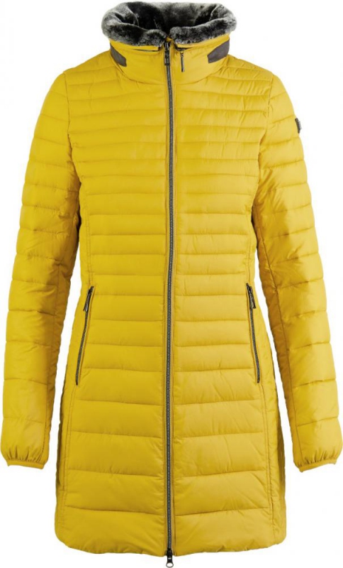 Dámská móda - Dámský kabát s límcem z umělé kožešiny 200 hořčice