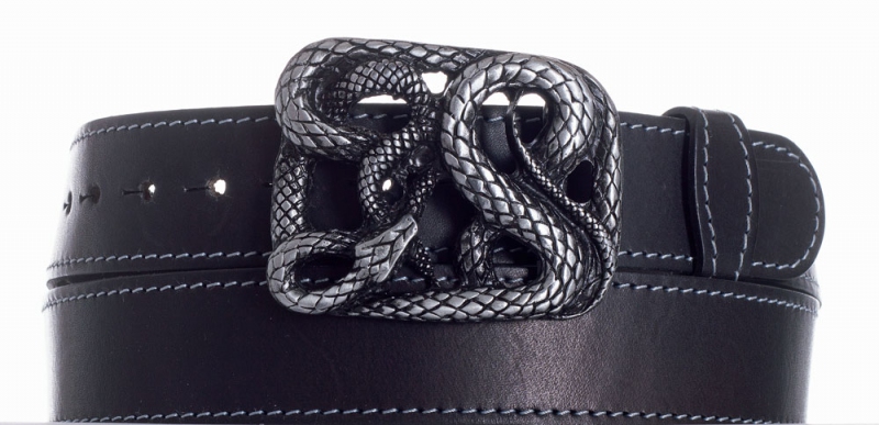 Kožené opasky - Kožený černý pásek Had šedě obšitý