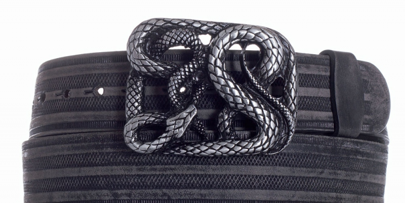 Kožené opasky - Kožený černý pásek Had proužek broušený