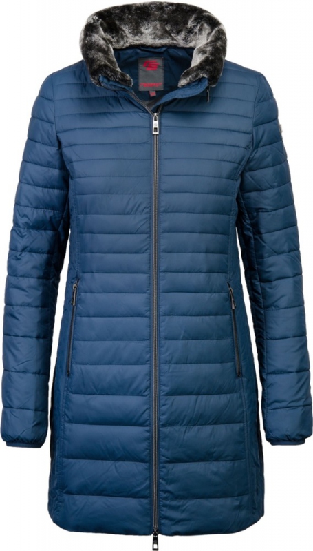 Dámská móda - Dámský kabát s odnímatelným límcem z umělé kožešiny J190 modrá